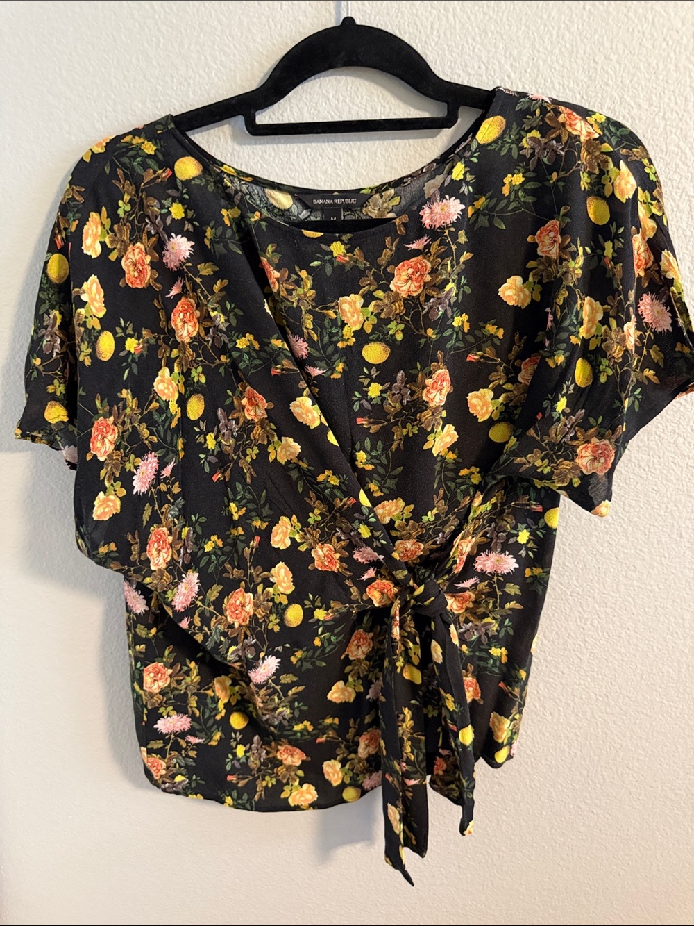 Banana Republic Black Floral Tie-Front Blouse with Yellow & Pink Flowers